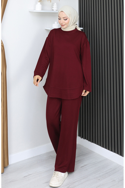 sefamerve Premium υφασμάτινο παντελόνι τουνίκ διπλό σετ 2164-03 Βουργουνδία