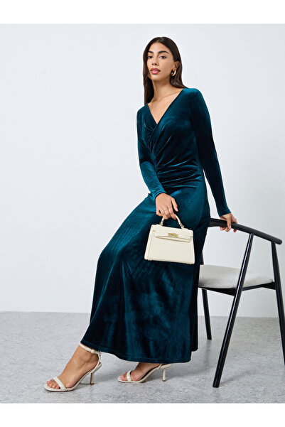 Styli Teal Velvet Look Wrap Front Maxi Evening Dress