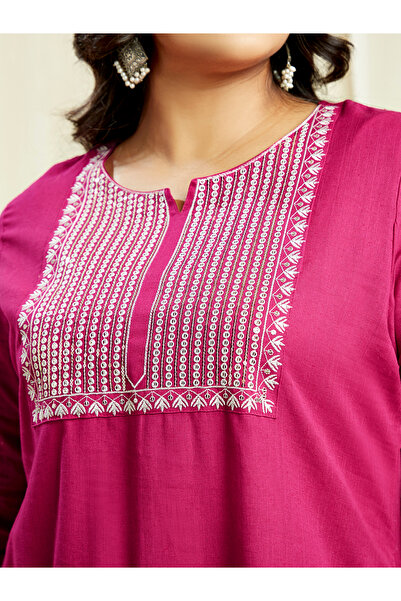 Globus By Styli Plus Size Pink Sequined Embroidered Yoke Kurta and Pants Festive Set