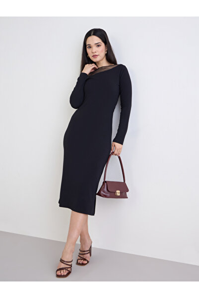 Styli Women Black Mesh Insert Midi Dress