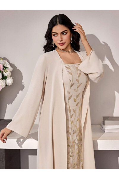 Take Two By Styli Beige Embroidered Midi Dress and Kimono Co-ords