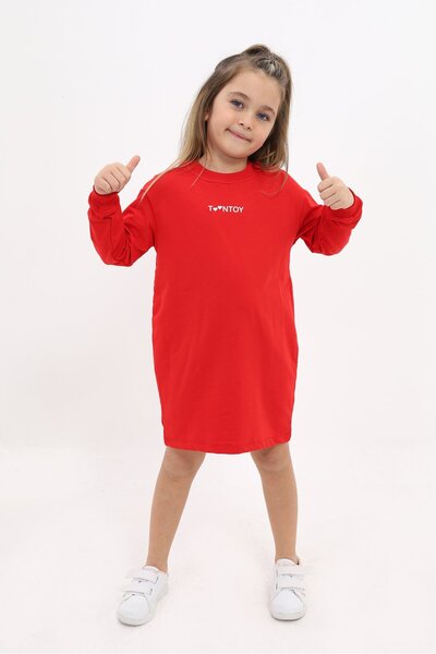 Toontoy Kız Çocuk Baskılı Relax Fit Bisiklet Yaka Uzun Kollu Elbise -