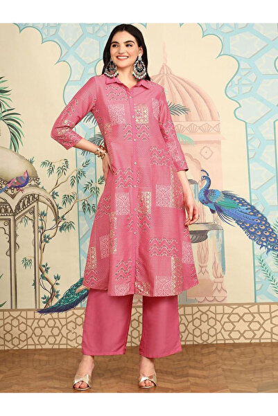 Ishin By Styli Pink Chinon Kurta and Pant Set