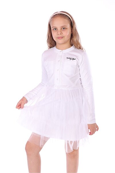 Toontoy Girls' Printed Relax Fit High Neck Buttoned Long Sleeve Tulle Dress -...