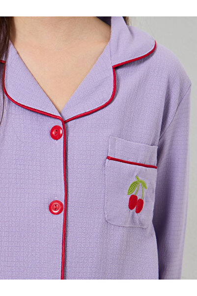 Take Two By Styli Purple Cherry Embroidered Shirt and Pyjama Set