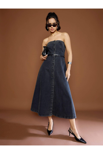 Sassafras By Styli Black Washed Denim Bandeau Neck Midi Dress