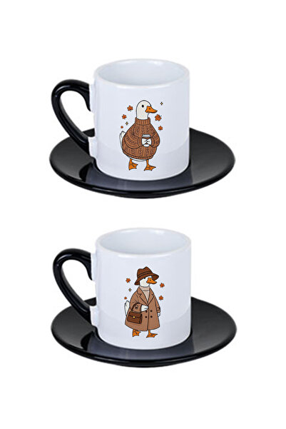 giftkonsept Cool Autumn Ducks Printed Set of 4-Piece Black Handle Porcelain Turkish Coffee Cup Set