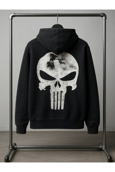 Chirkef Unisex Kapüşonlu Ön ve Sırt Baskılı Sweatshirt Punisher