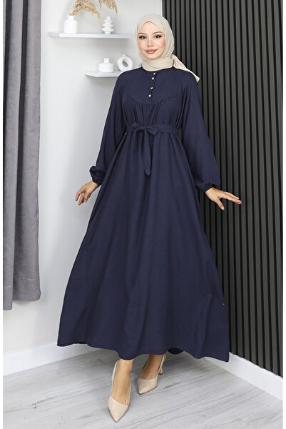 sefamerve Belmando Fabric Half Button Belted Dress 2166-01 Navy Blue