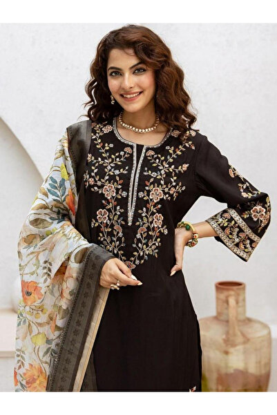 Ishin By Styli Black Embroidered Kurta with Pants and Dupatta Set