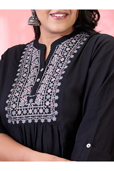 Globus By Styli Plus Size Black Embroidered Yoke Kurta and Pants Set