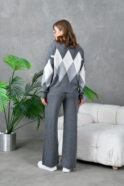 Noi Belis Oversized Plaid Patterned Crew Neck Knitwear Bottom-Top Set Aw25Au0030
