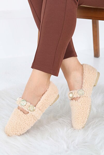 TOFİSA Women's Beige Pearl and Tuğra Detailed Plush Ballerinas - 27911-Bej