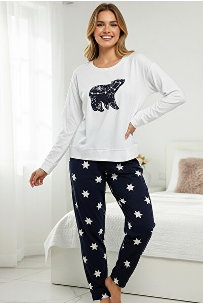 Siyah İnci White Star Patterned Printed Cotton Knitted Pajama Sets 7904