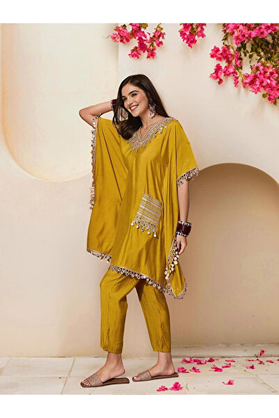 Ishin By Styli Yellow Silk Blend Kurta and Pants Set