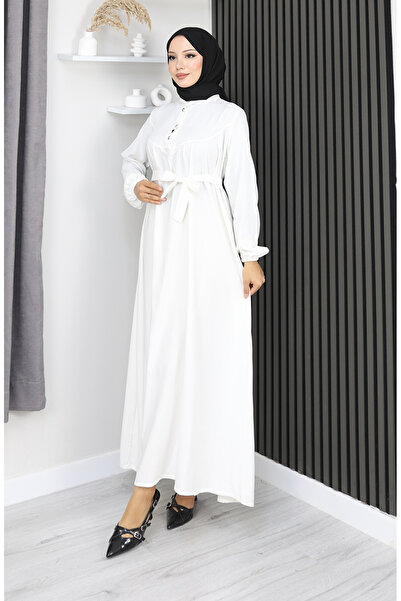 sefamerve Belmando Fabric Half Button Belted Dress 2166-03 White