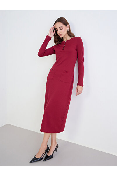 Styli Maroon Ribbed Sheath Midi Dress