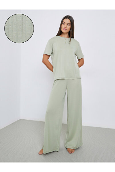 Styli Pointelle Round Neck Placket T-Shirt and Wide Leg Pyjama Set