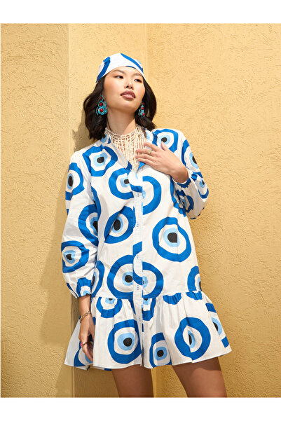 Sassafras By Styli White Evil Eye Print Shirt Mini Dress