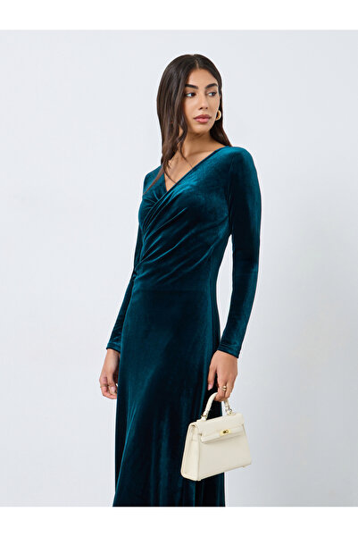 Styli Teal Velvet Look Wrap Front Maxi Evening Dress