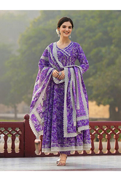 Ishin By Styli Purple Cotton Kurta with Pants and Dupatta Set