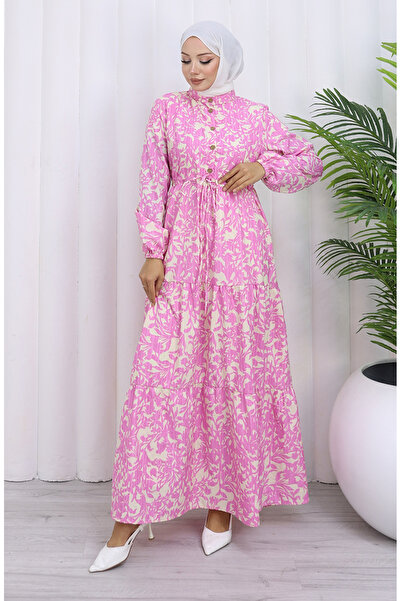 sefamerve Hakim Yaka Belted Lace-Up Patterned Dress 0190-06 Pink