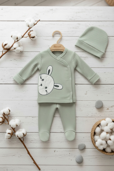zubi baby & kids wear طقم أطفال أخضر اللون قماش مجدّل بنقشة أرنب لطيف (3 قطع)