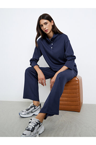 Styli Dark Blue Waffle Knit Polo Collar Top and Pants Co-Ords