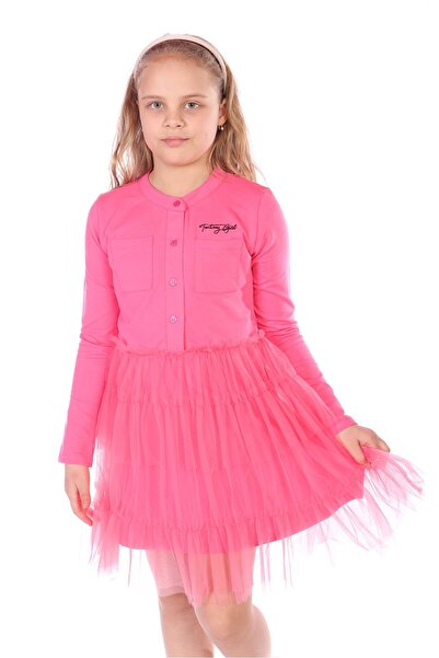 Toontoy Kız Çocuk Baskılı Relax Fit Hakim Yaka Düğmeli Uzun Kollu Tüllü Elbis...