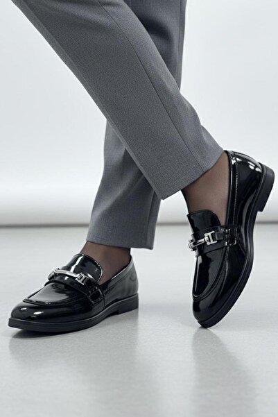 TOFİSA Women's Black Buckle Leather Ballerina Shoes - 27909-Black