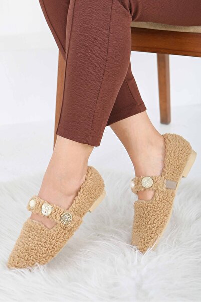 TOFİSA Women's Mink Pearl and Tuğra Detailed Plush Ballerinas - 27911-Vizon