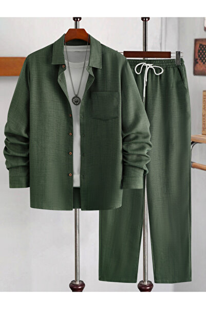 Take Two By Styli Solid Long Sleeve Shirt and Drawstring Waist Pants Co-Ords