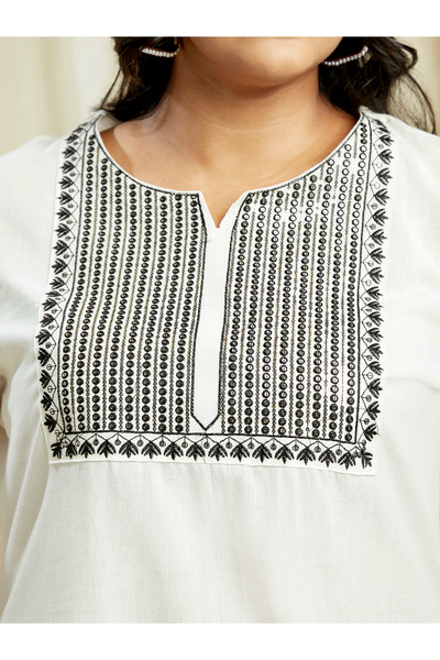 Globus By Styli Plus Size Off White Sequined Embroidered Yoke Kurta and Pants Festive Set