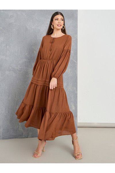 Take Two By Styli Lace Insert Tie-Up Neck A-Line Maxi Dress