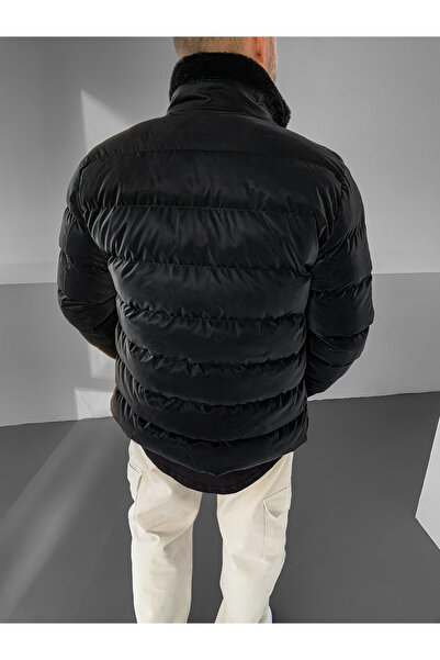 NO1 KONSEPT Μαύρο πουπουλένιο παλτό Premium Carbon με γούνινο γιακά