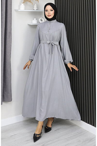 sefamerve Belmando fabric half buttoned belted dress 2166-07 grey