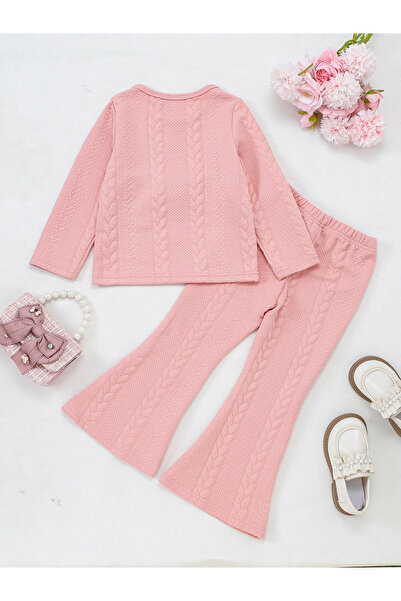 Take Two By Styli Girl's Solid Texture Ruffle Hem Top With Flare Pants Set