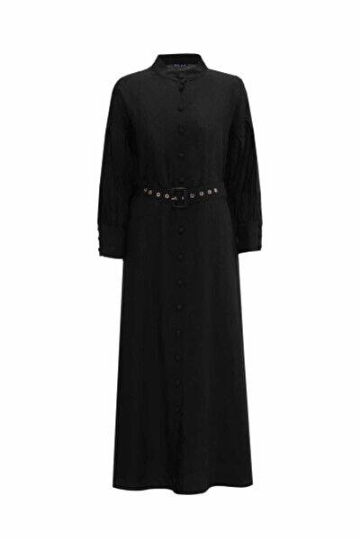 MISS DALIDA Hakim Yaka Düz Renk Keten Siyah Elbise