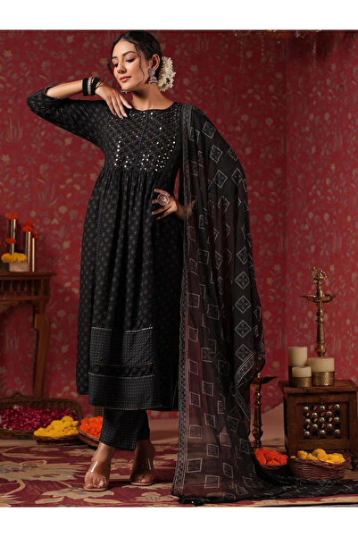 Ishin By Styli Black Viscose Rayon Kurta with Pants and Dupatta Set