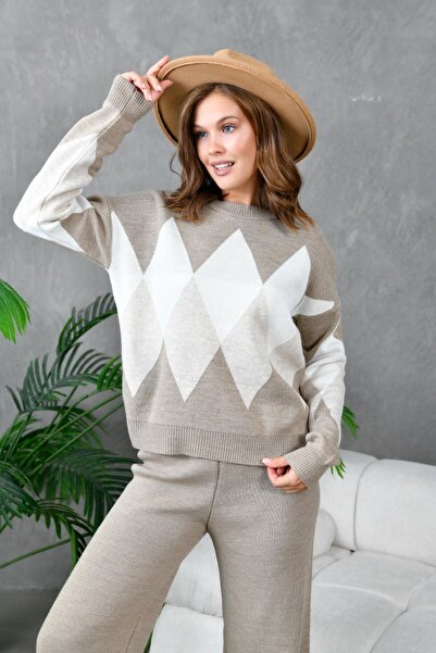 Noi Belis Oversized Plaid Patterned Crew Neck Knitwear Bottom-Top Set Aw25Au0030