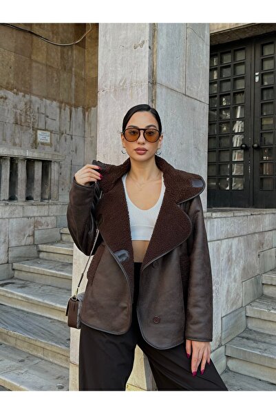 D'RECCY Γυναικείο παλτό ποιμενικό με επένδυση από γούνα, oversize, καφέ ανάγλυφο