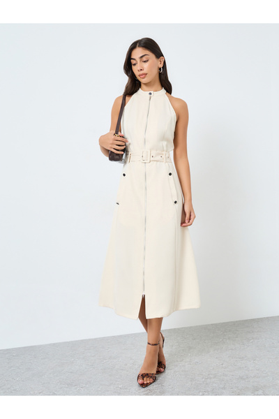 Styli Cream Belted Midi Dress with Zipper Detail