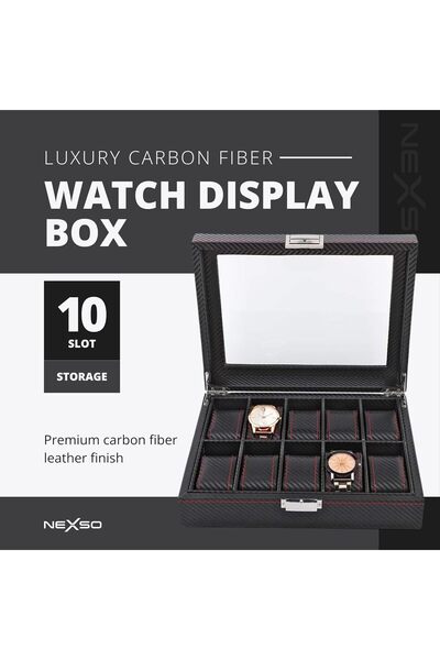 NEXSO Black Leather 10-Slot Watch Box Organizer for Men (Clear Glass Lid, 51 mm Capacity)