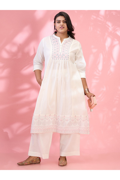 Globus By Styli Plus Size Off White Embroidered Yoke Kurta and Pants Set