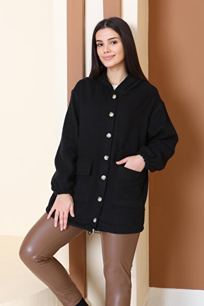 TOFİSA Double Pocket Ankle Elasticated Cashmere Coat Black - 27917-Black