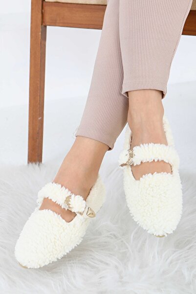TOFİSA Women's Ecru Belt Detailed Plush Ballerinas - 27910-Ekru