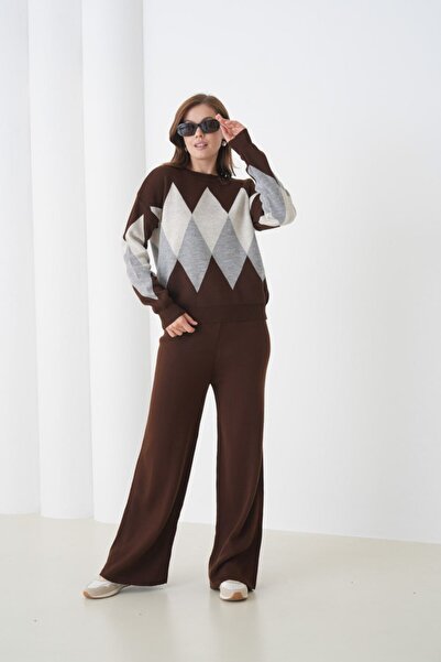 Noi Belis Oversized Plaid Patterned Crew Neck Knitwear Bottom-Top Set Aw25Au0030