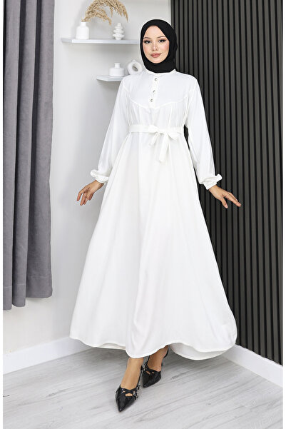 sefamerve Belmando Fabric Half Button Belted Dress 2166-03 White