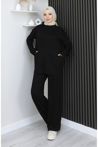 sefamerve Premium υφασμάτινο παντελόνι τουνίκ διπλό σετ 2163-01 Μαύρο