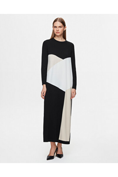 MISS DALIDA Renkli Geometrik Desenli Triko Siyah Elbise